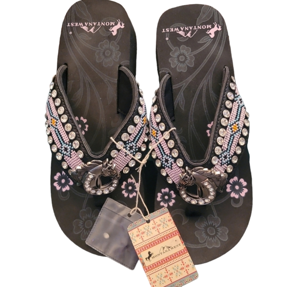 Montana West Wedge Flip Flop, Bling Aztec Western Style With Horse Head